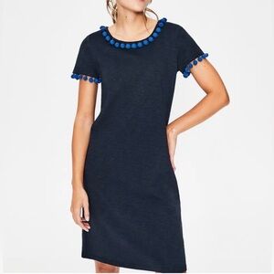 Boden Bridget Jersey Dress Navy Blue Pom Pom Trim Size 10 Casual
